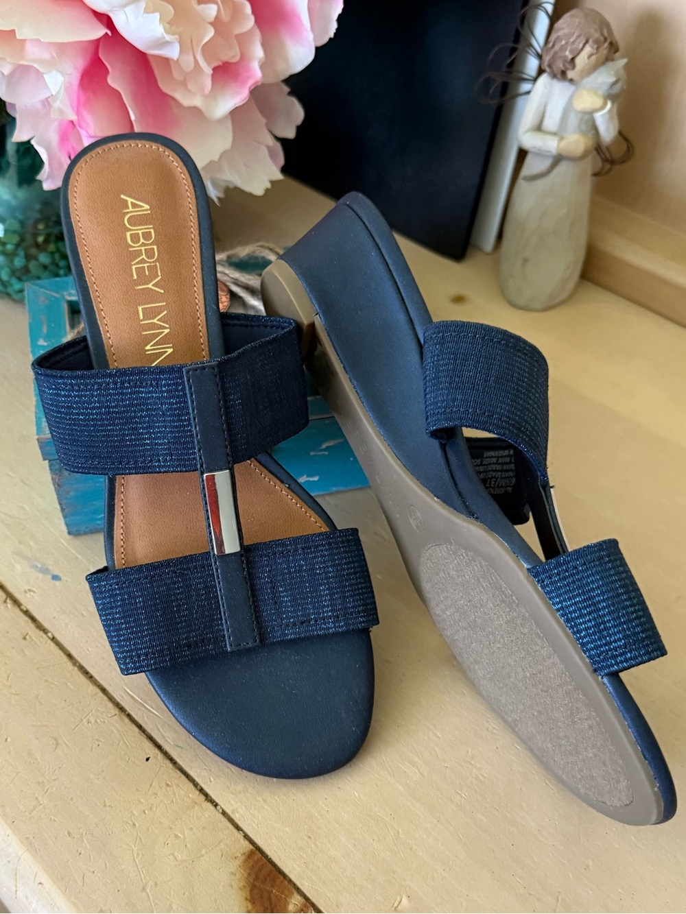 Aubrey Lynn Navy Double-Band Slide Sandals